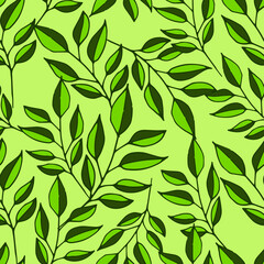 Naklejka na ściany i meble Seamless vector pattern with green leaves on a green background in organic style. Good print for wrapping paper, packaging design, wallpaper, ceramic tiles, and textile
