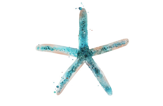 Bright blue starfish. Aquamarine watercolour illustration on white background.