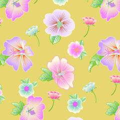 Vector tropical pattern with hibiscus flowers and tropical leaves. Floral background 