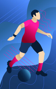 Simple vector illustration in flat style. A football man kicks a ball. In crimson red and dark blue colors. 