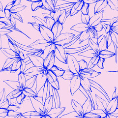 Fototapeta premium Seamless vector pattern with outline engraved blue flowers on pink background. Good print for wallpaper, textile, wrapping paper, ceramic tiles