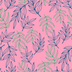 Seamless vector pattern in contemporary style with simple blue outline leaves in pink background. Good print for wallpaper, textile, wrapping paper, ceramic tiles