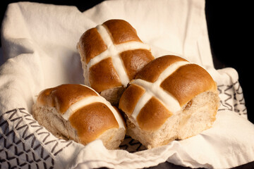 Hot Cross Bun is a Traditional Easter Treat, it marks the end of Lent, and the cross represents the crucifixion of Jesus. It is a cinnamon spiced sweet bun usually made with dried fruits. 