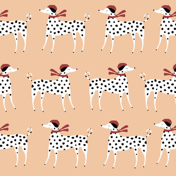 Cute dalmatian dog in red beret and red scarf. Funny dog seamless pattern.