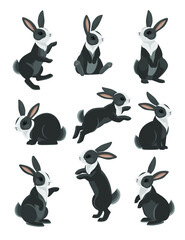 Easter bunny. Vector rabbits set. Rabbits sitting, jumping. Vector EPS