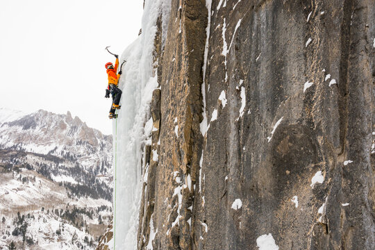 A man climbing Ames Ice Hose, Uncompahgre National Forest, Ames, Colorado.
