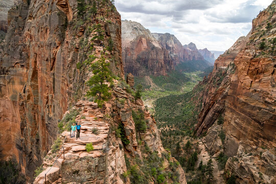 A mother and daughter hiking Angel's Landing,  West Rim Trail, Zion National Park, Springdale, Utah.