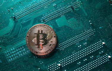  bitcoins on the background of the motherboard

