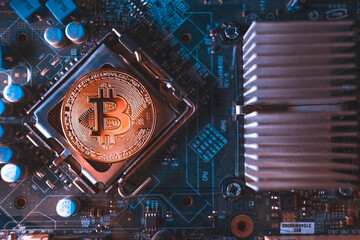 bitcoin on the motherboard, vintage look
