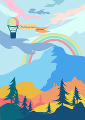 Colorful landscape with mountains clouds, fir tres, hot air balloon and rainbow