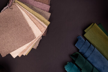 Bright collection of colorful velour textile samples. Fabric texture background