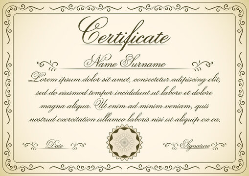 A4 size certificate of appreciation vector illustration with retro frame and stamp. Retro diploma template design for print. 