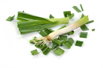 Fresh green garlic isolated on white background. Chopped green garlic.