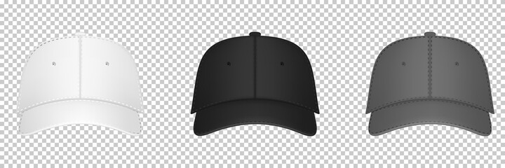 Baseball cap black, gray and white template. Design template closeup in vector. Realistic front view white baseball cap isolated on transparent background.