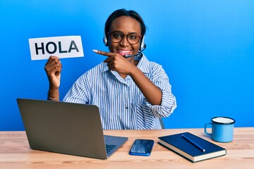 Young african woman wearing operator headset holding hola word smiling happy pointing with hand and finger © Krakenimages.com