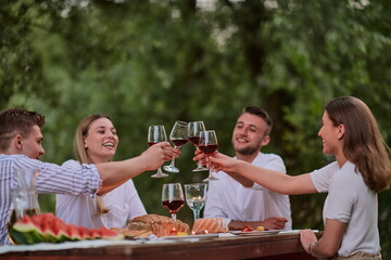 friends toasting red wine glass while having picnic french dinner party outdoor