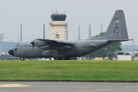 Tokyo, Japan - August 22, 2009:United States Air Force Lockheed Martin C-130H Hercules transport aircraft.