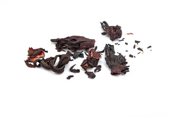 Dried hibiscus flower tea isolated on white background