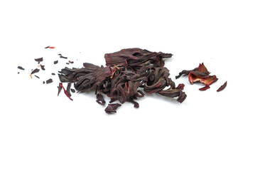 Dried hibiscus flower tea isolated on white background