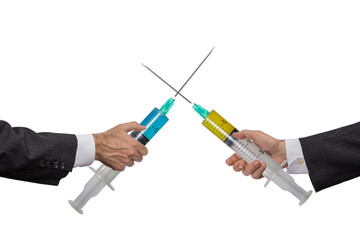 arms fighting with vaccine syringes