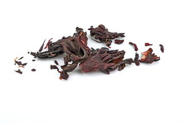 Dried hibiscus flower tea isolated on white background