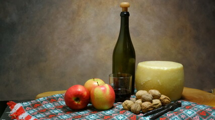 still life with apples and cheese
