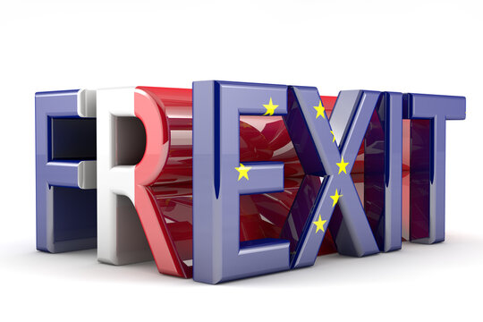 3d rendering of FREXIT concept. France is thus on course to leave the EU. Frexit Text on white background. Deal or no deal. The flags of France half with EU. For Frexit referendum campaign.