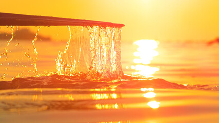 CLOSE UP: Kayaker's paddle splashes ocean water illuminated by the setting sun.