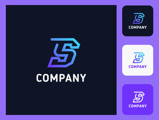 Simple and minimalist bright gradient and colorful outline letter S monogram initial logo in dark background with three icons