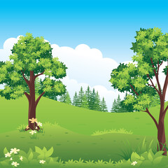 Beautiful nature landscape, Cartoon countryside landscape with mountains, meadows, and fields.