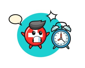 Cartoon Illustration of switzerland is surprised with a giant alarm clock