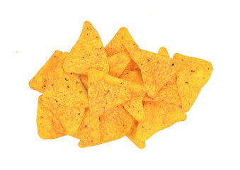Fototapeta premium Delicious mexican nachos chips, isolated on white background. Corn nachos on white background.