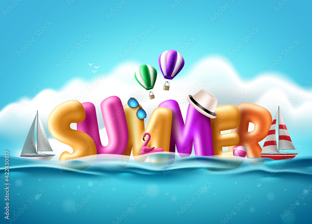 Poster summer balloon text vector design. summer 3d text balloons floating in water with beach elements in 