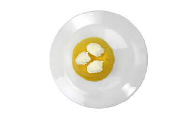 Polenta with Cheese and Sour Cream in a Plate isolated on white background.