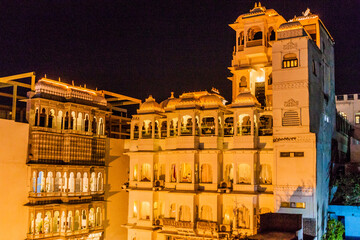 Night view of a palace in Udaipur, Rajasthan state, India
