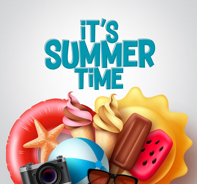 Summer time vector design. It's summer time text with tropical food and beach elements like ice cream, popsicle, floater, and beachball for tropical season. Vector illustration. 