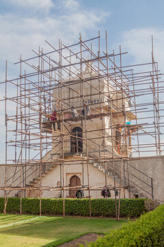CHITTORGARH, INDIA - FEBRUARY 15, 2017: Tower at Padmini Palace at Chittor Fort in Chittorgarh being renovated, Rajasthan state, India
