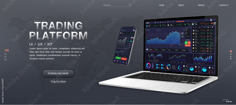 Poster trade platform web banner mockup. market monitoring and trading stocks and cryptocurrencies online. 