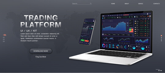 Trade Platform Web Banner Mockup. Market monitoring and trading stocks and cryptocurrencies online. Forex market, news and analysis. Trade App and Binary Option screens on different gadgets. Vector