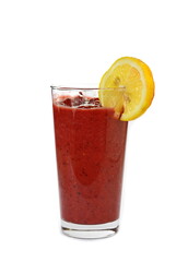 Glass of blackberry milkshake or cocktail isolated on white background. 