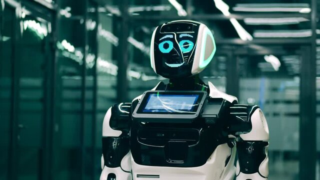 Futuristic modern robot android speaking