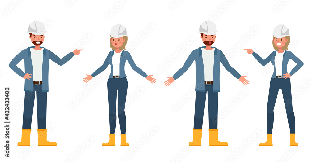 Poster engineer people wear blue jacket working character vector design. presentation in various action wit