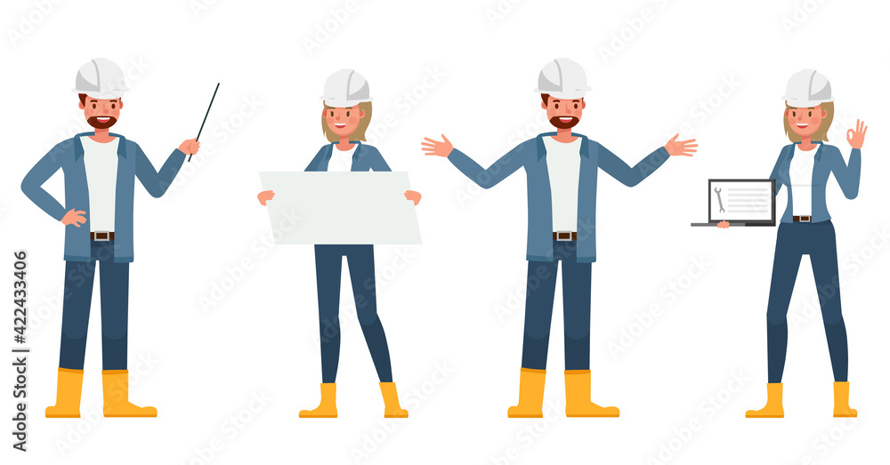 Poster engineer people wear blue jacket working character vector design. presentation in various action wit