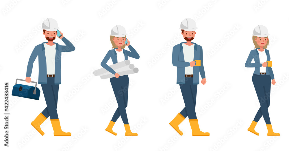 Poster engineer people wear blue jacket working character vector design. presentation in various action wit
