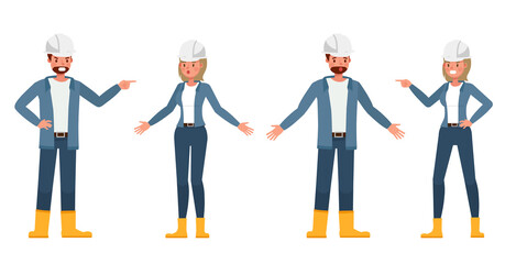 Engineer people wear blue jacket working character vector design. Presentation in various action with emotions.