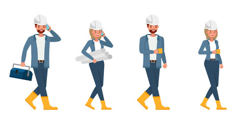 Engineer people wear blue jacket working character vector design. Presentation in various action with emotions.