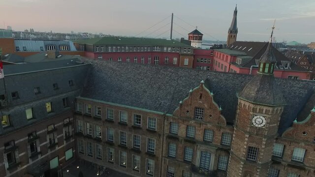 Drone shot from the town hall with a view of the rhine in Düsseldorf, Germany