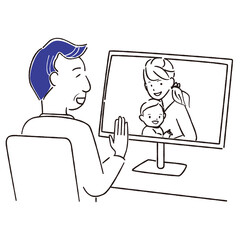 手描き1color　シニアの男性　孫とそのままとビデオ会議