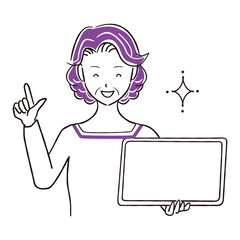 手描き1color　シニアの女性　タブレットで提案