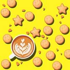 Cute yellow background with latte cup and cookies. Cartoon vector illustration. Flat design.
